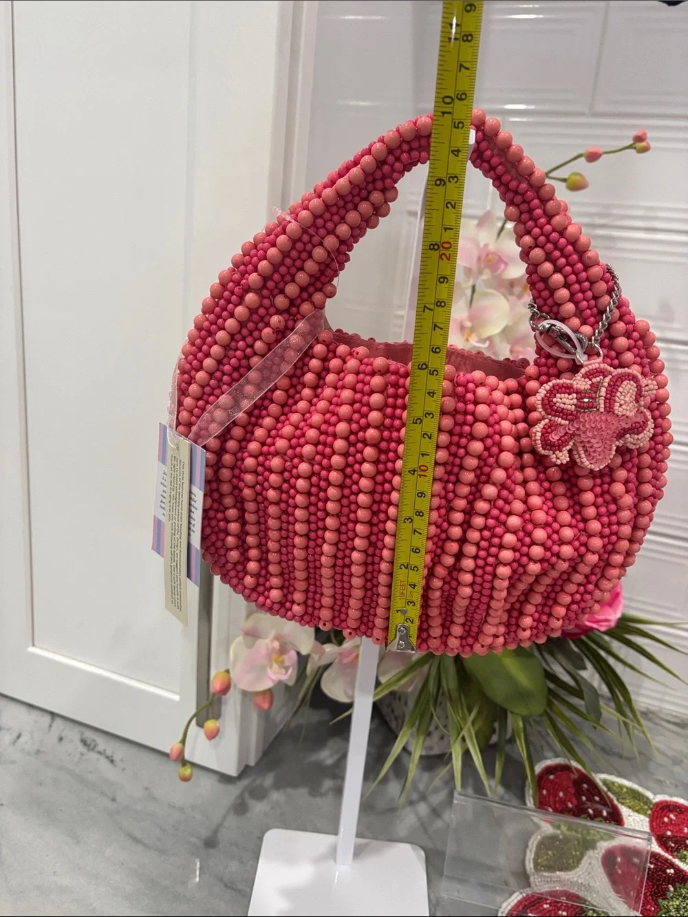 Viral hand beaded bag Handcrafted Pink Bag with Floral Charm - Picture 11 of 12